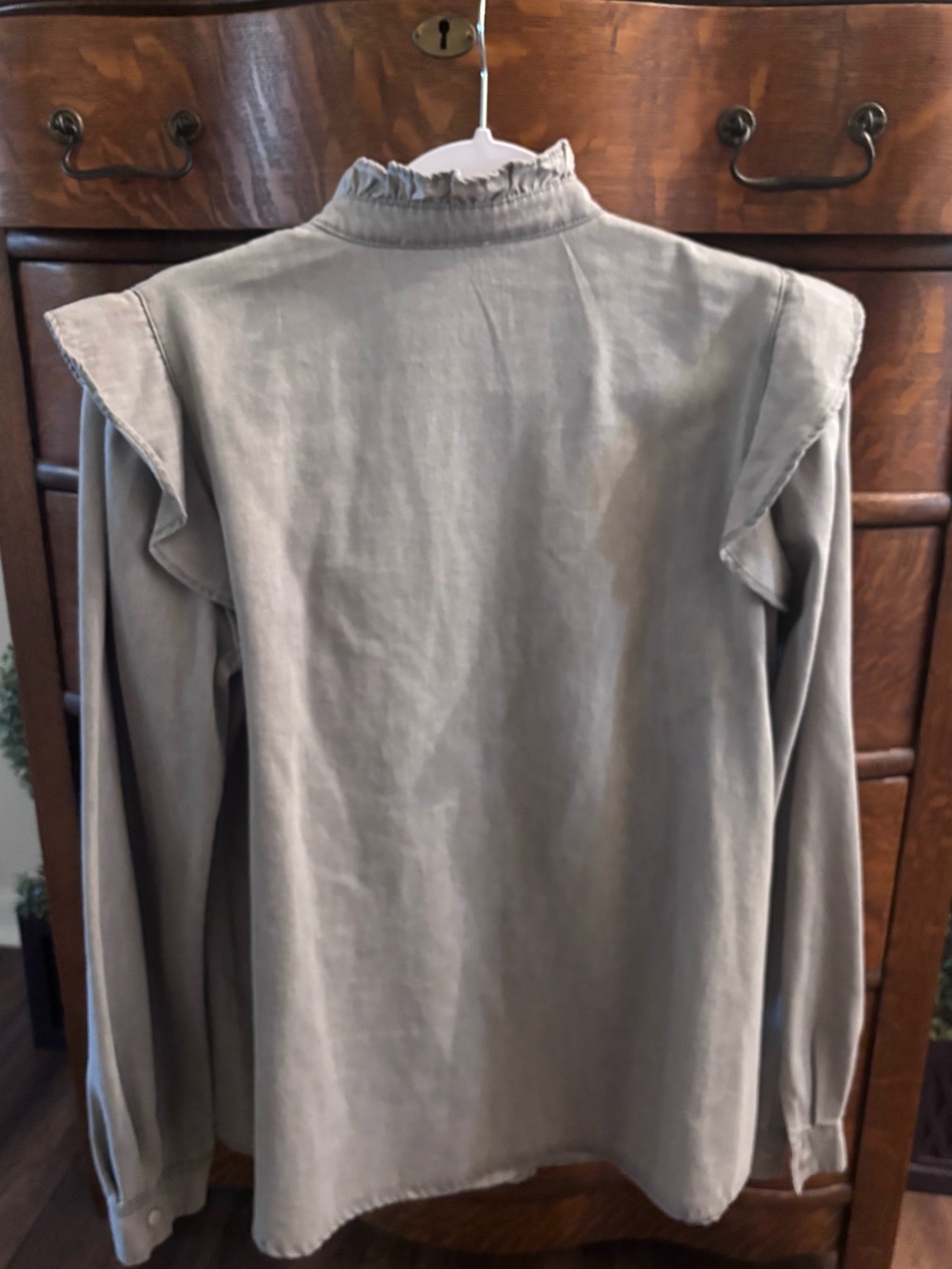 Mazik Gray Ruffle-Neck Button Front Top - Picture 2 of 5